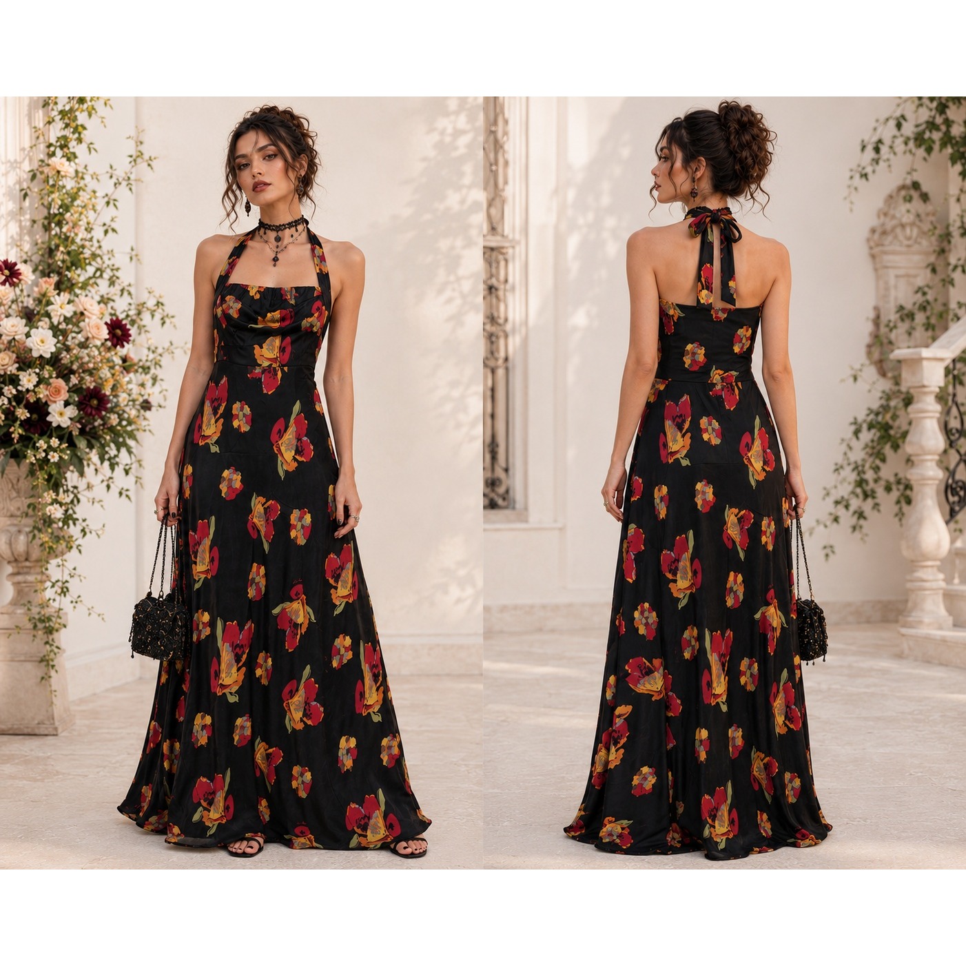 Whimsigoth Y2k Boho Romantic Wedding Silk 2000s Black Floral Halter Maxi 4 Dress